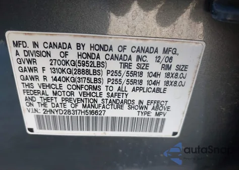 2007 Acura Mdx Technology Package z USA, uszkodzony, nr VIN 2HNYD28317H516627